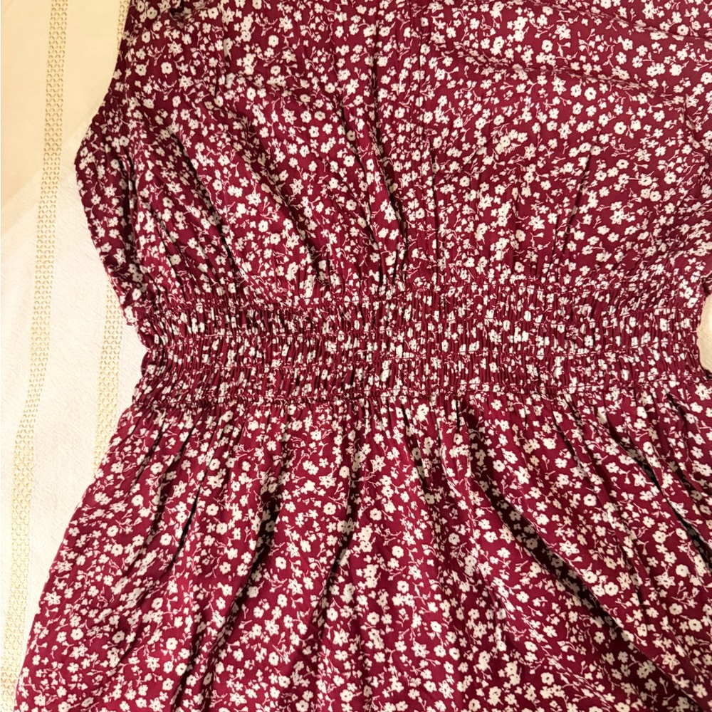 GAP Burgundy Floral Wide Leg Jumpsuit XL | Boho Rayon V-Neck Smocked Waist - Picture 3 of 9